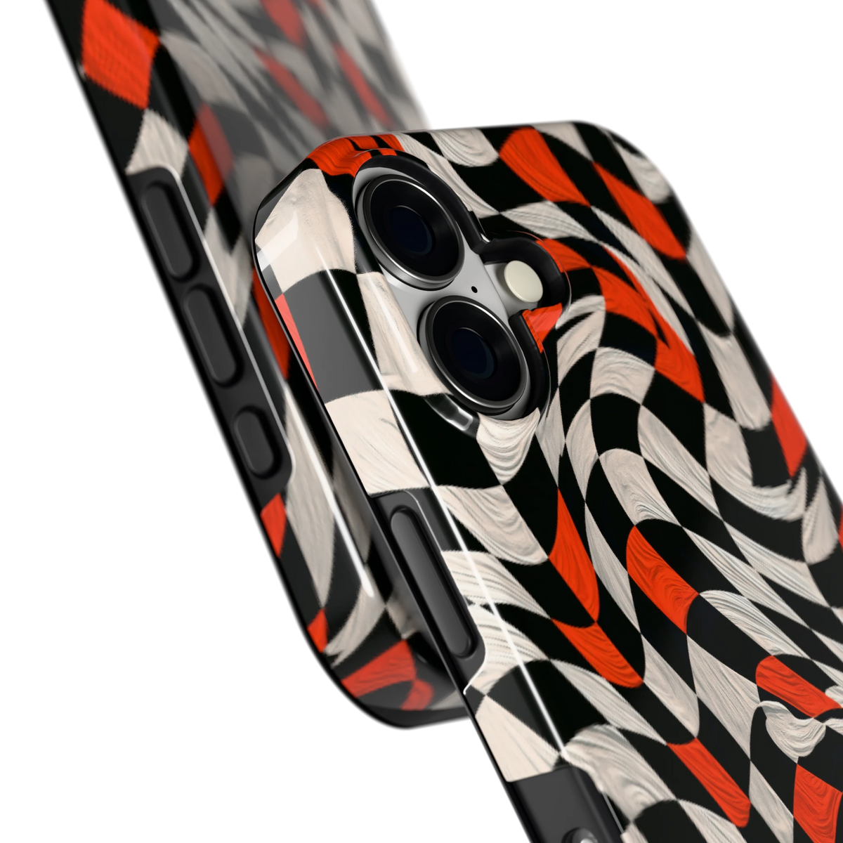 Kronkelend dambord hoesje voor iPhone 17, close-up