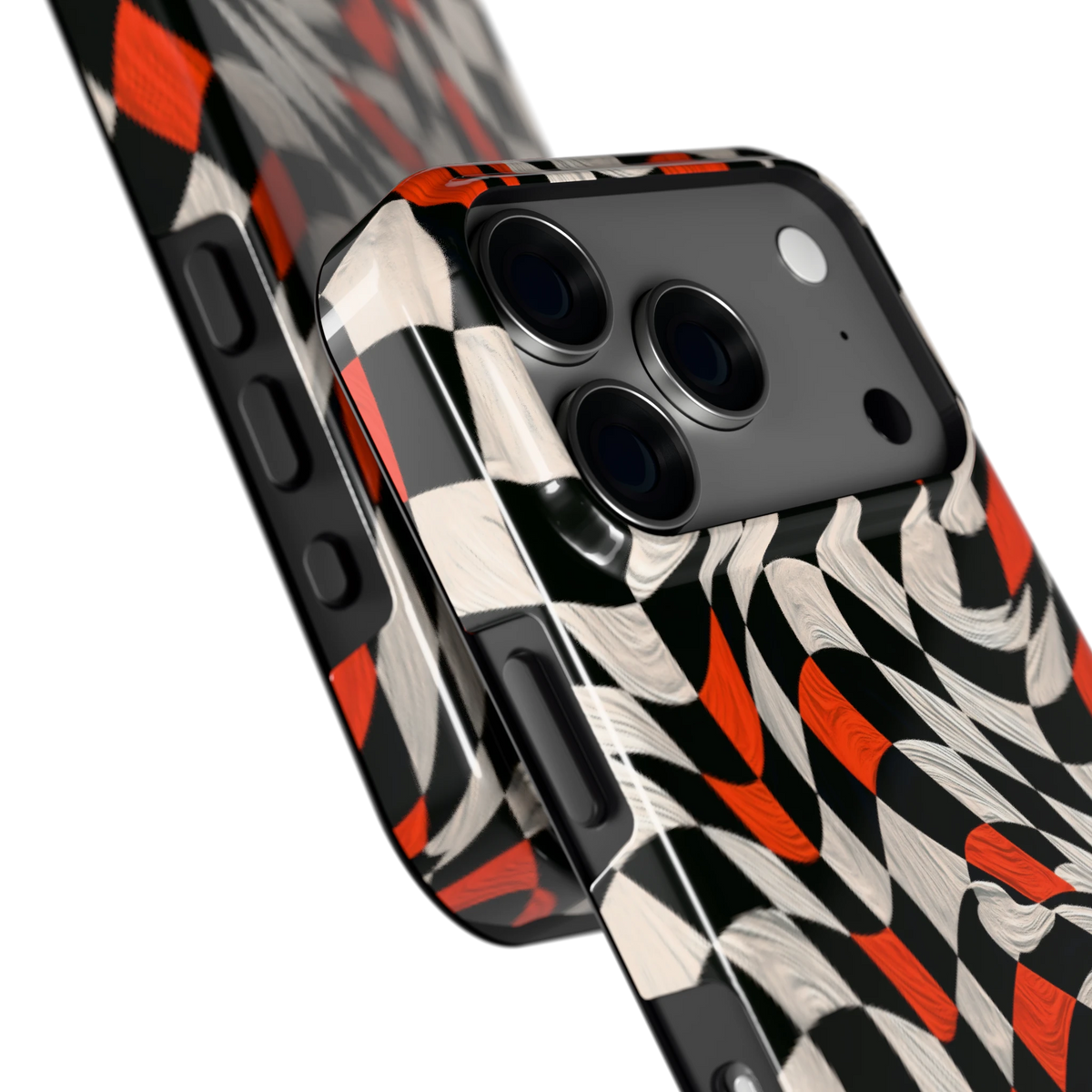 Kronkelend dambord hoesje voor iPhone 18 Pro, close-up