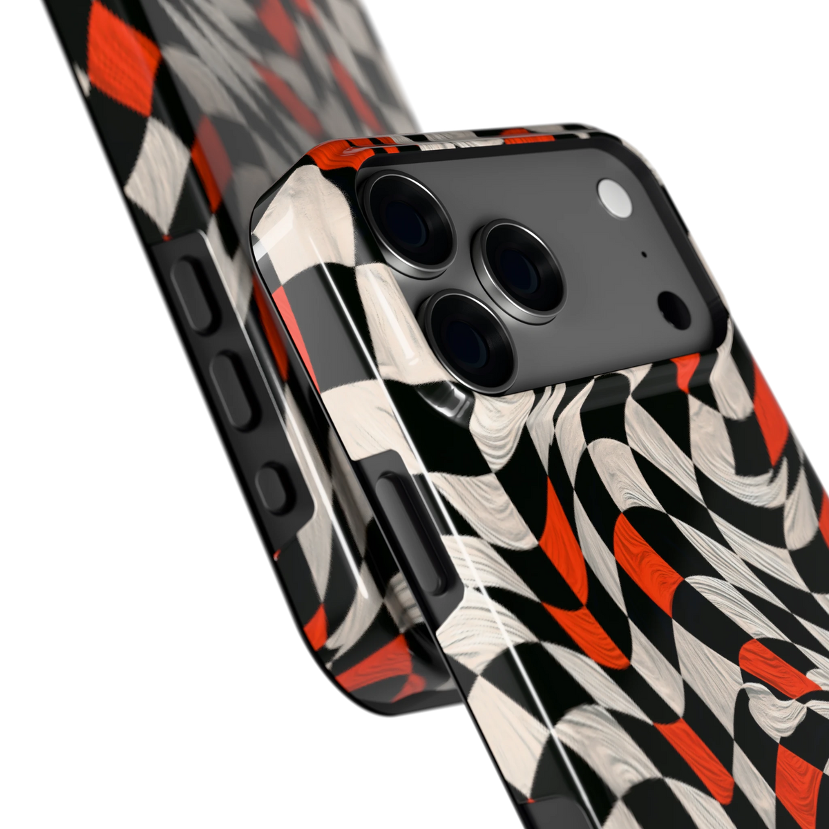 Kronkelend dambord hoesje voor iPhone 18 Pro Max, close-up