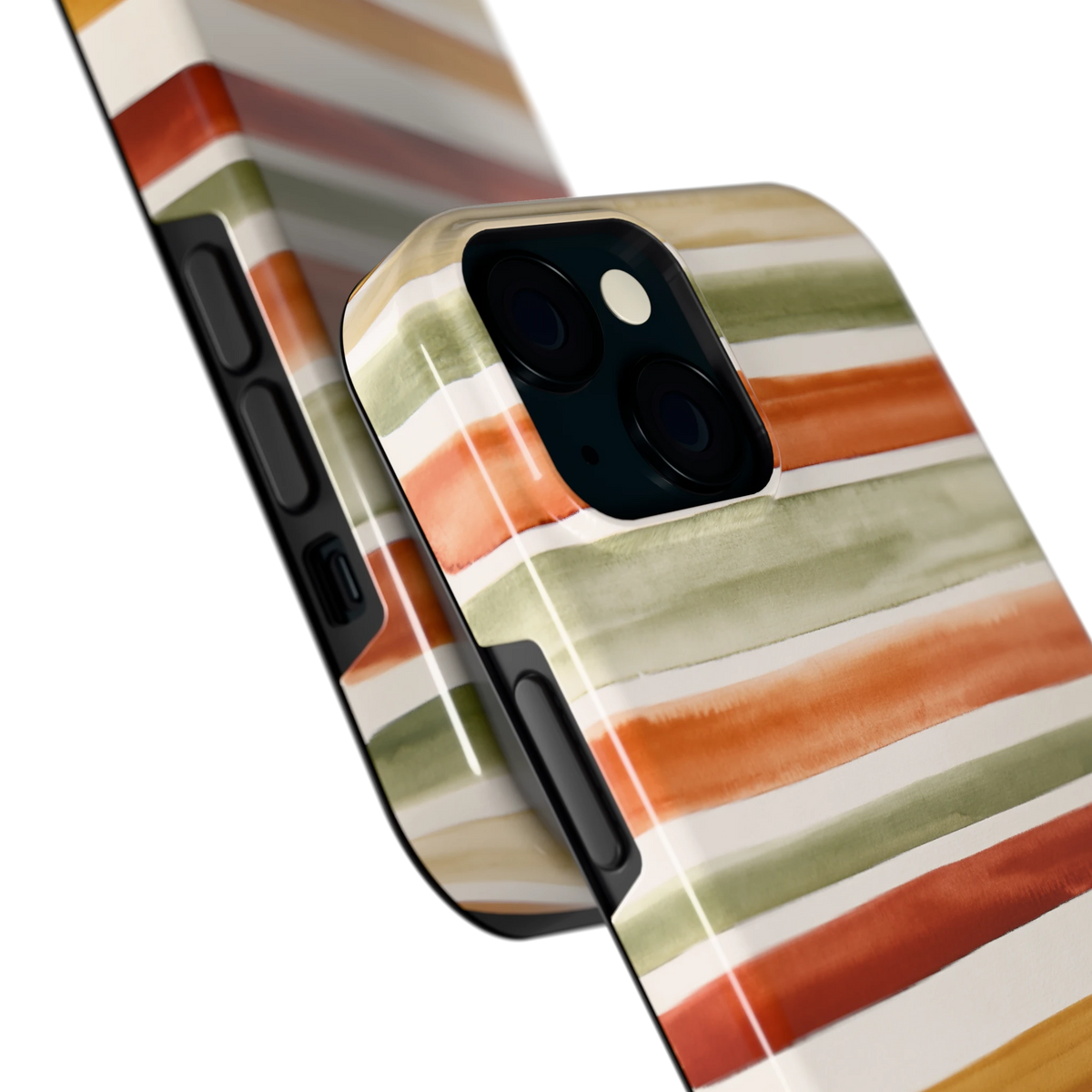 Aquarelstrepen hoesje voor iPhone 15, close-up