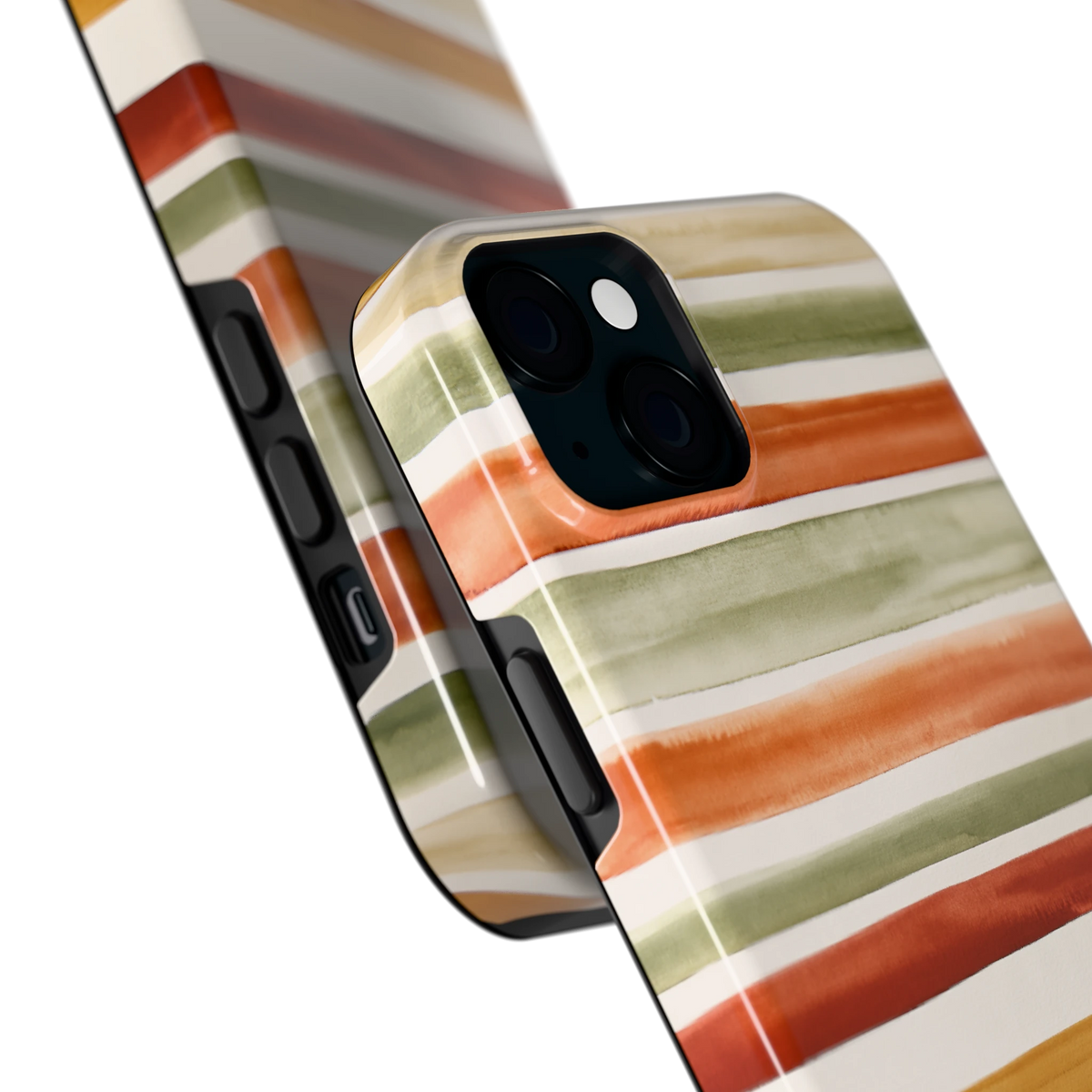 Aquarelstrepen hoesje voor iPhone 15 Plus, close-up