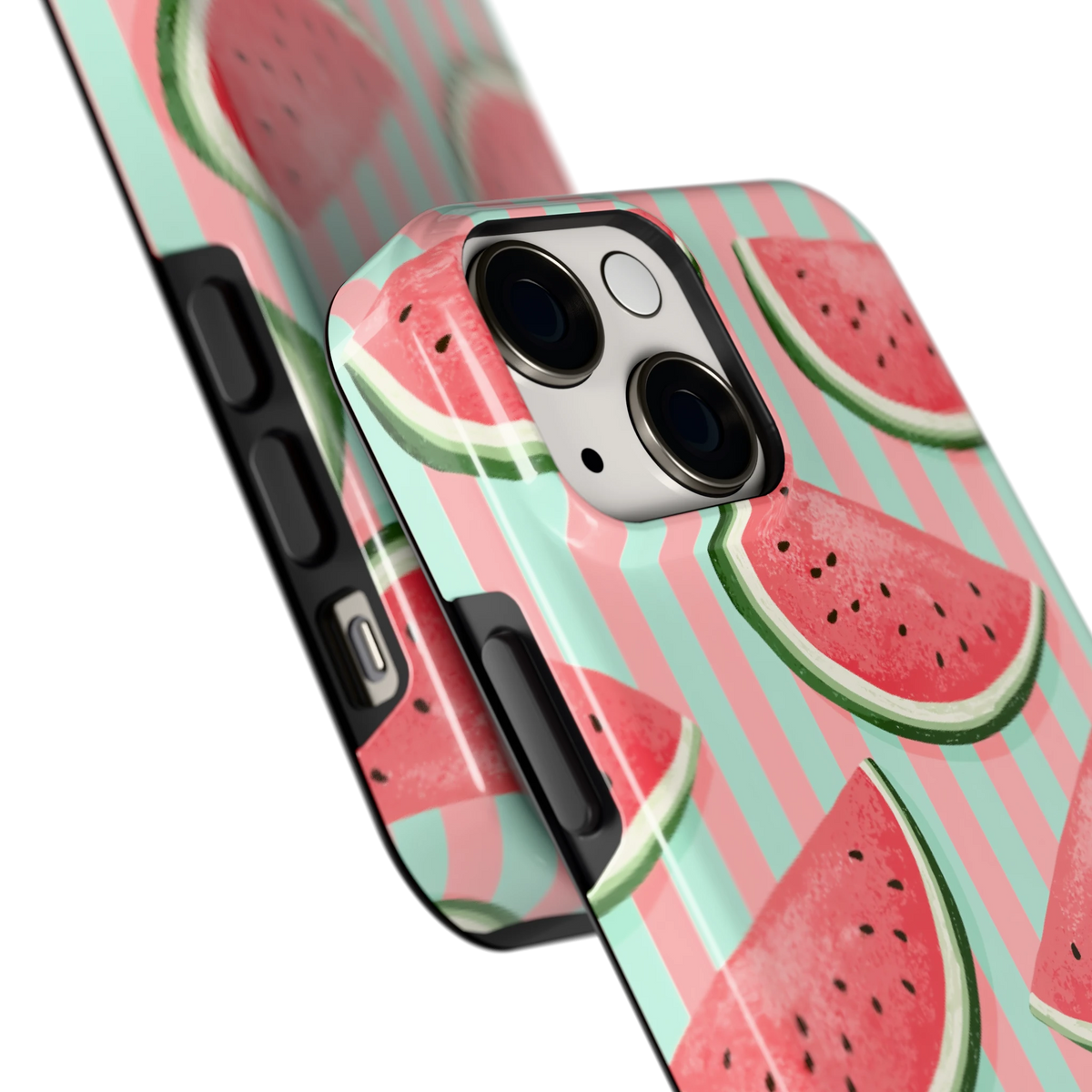 Watermeloenstrepen hoesje voor iPhone 13 mini, close-up
