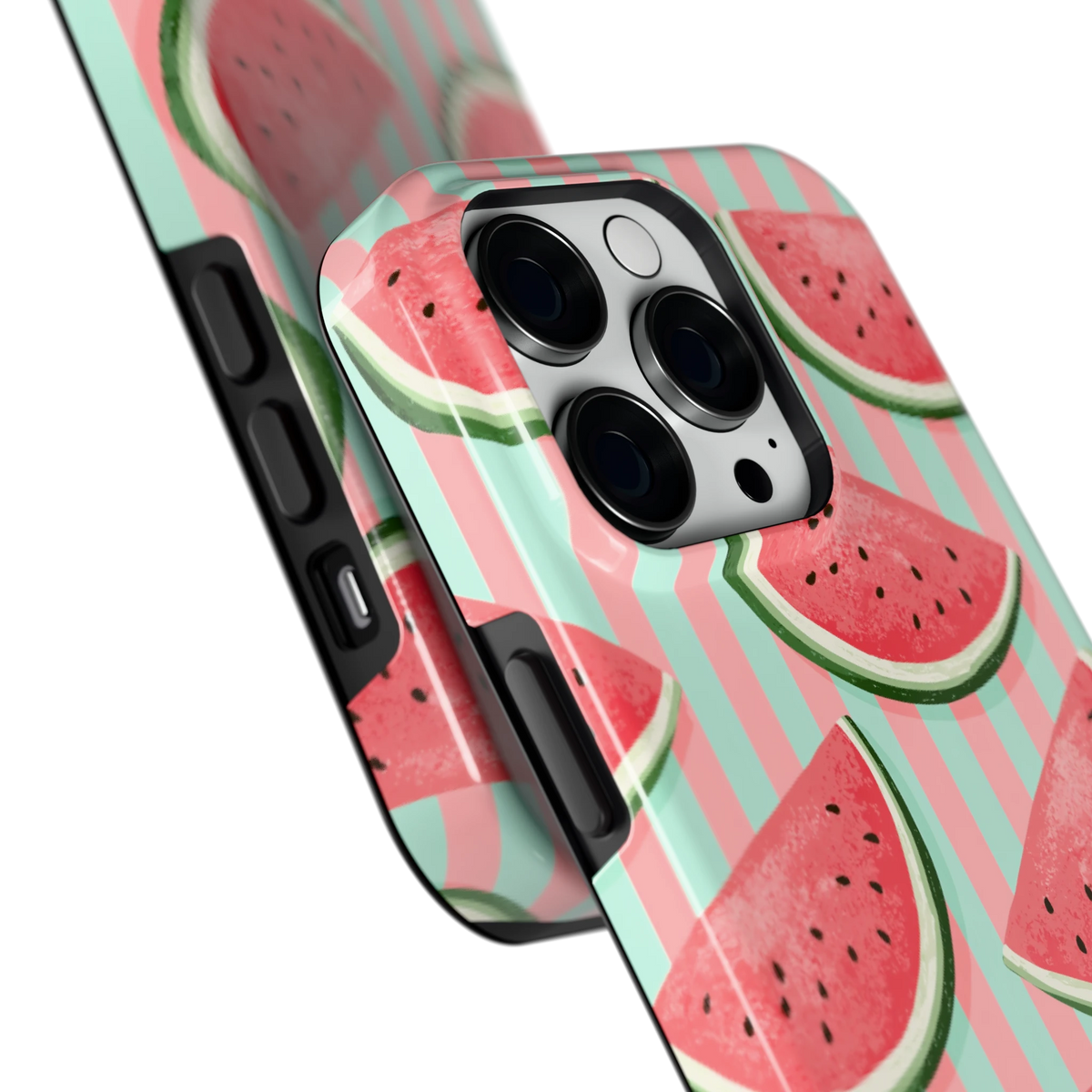 Watermeloenstrepen hoesje voor iPhone 14 Pro, close-up