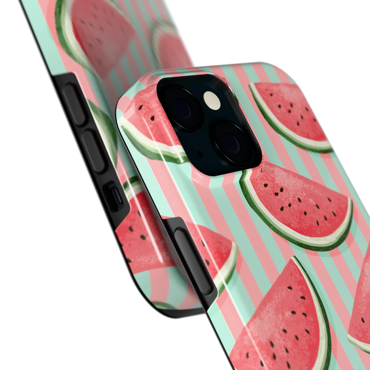 Watermeloenstrepen hoesje voor iPhone 15, close-up