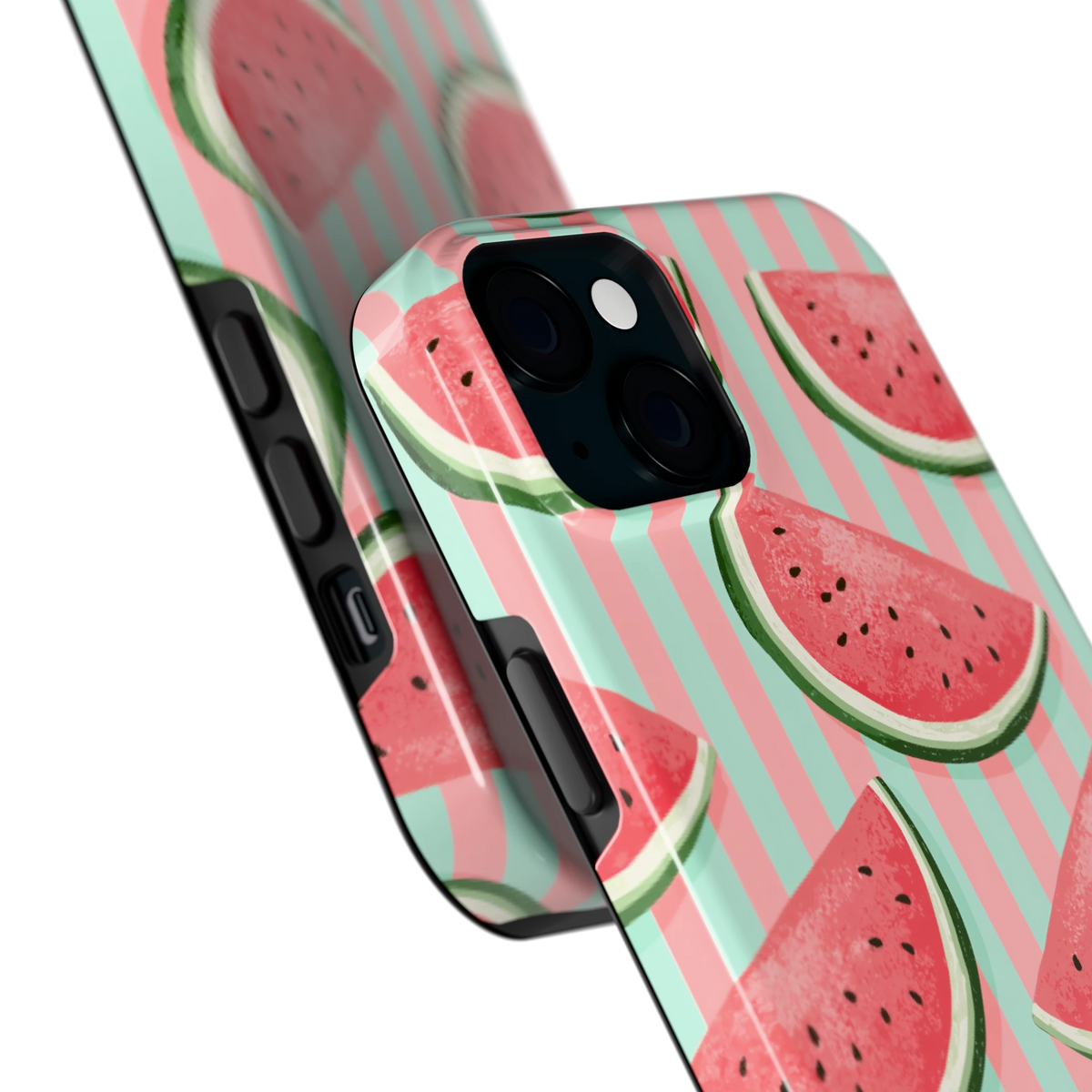 Watermeloenstrepen hoesje voor iPhone 15 Plus, close-up