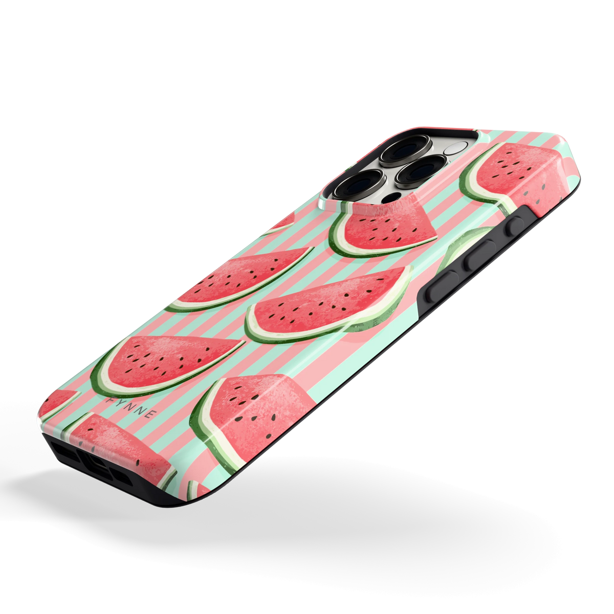 Watermeloenstrepen hoesje voor iPhone 15 Pro, schuin