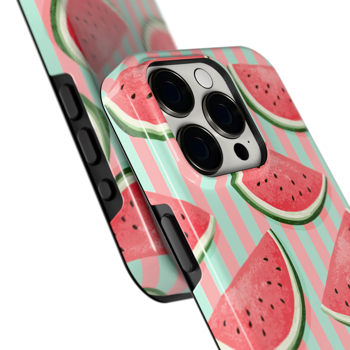 Watermeloenstrepen hoesje voor iPhone 15 Pro, close-up