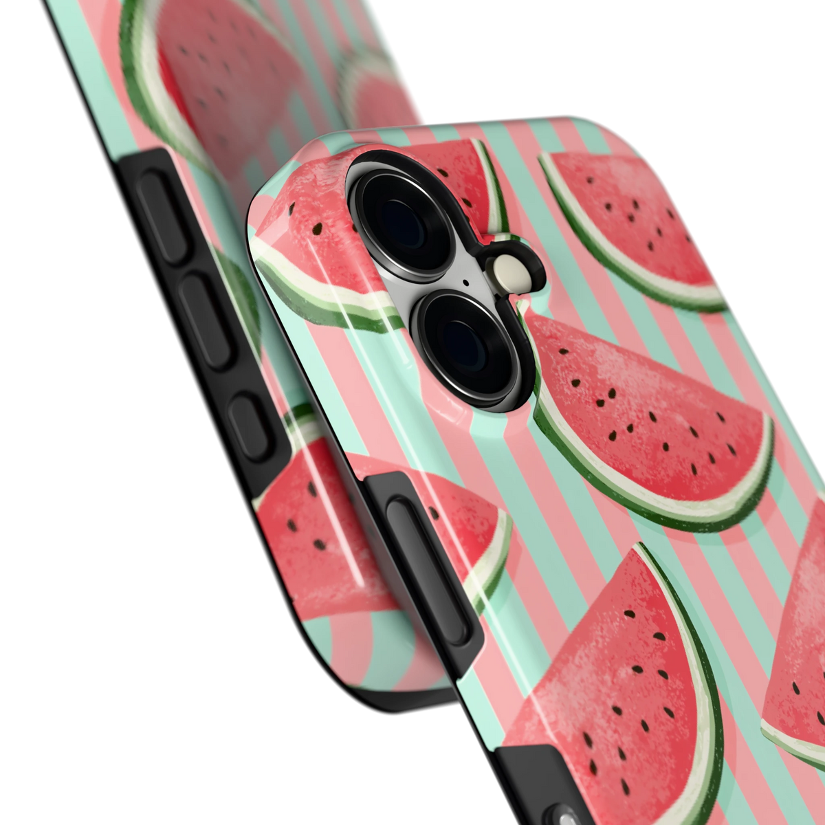 Watermeloenstrepen hoesje voor iPhone 16, close-up