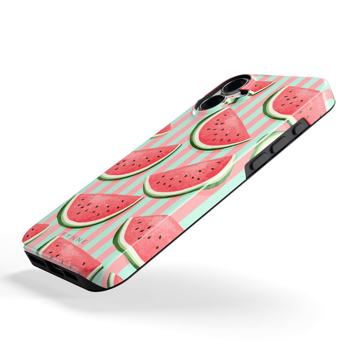 Watermeloenstrepen hoesje voor iPhone 16 Plus, schuin