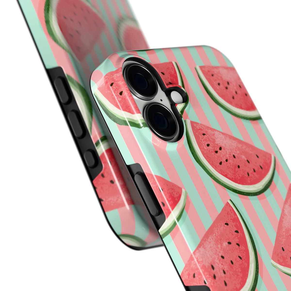Watermeloenstrepen hoesje voor iPhone 16 Plus, close-up