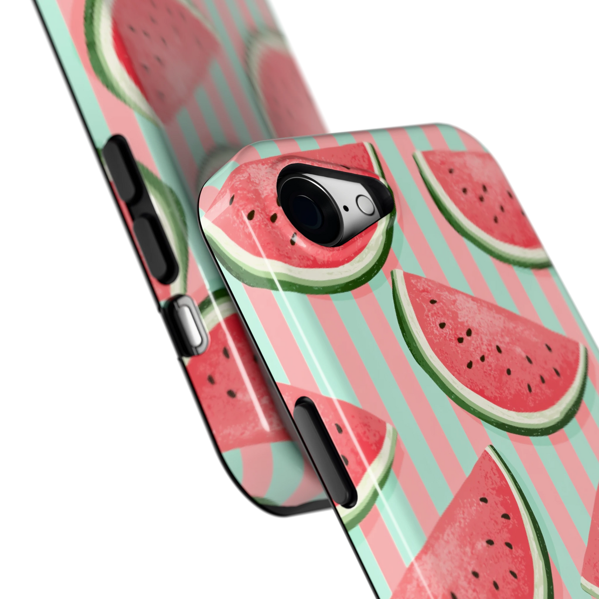 Watermeloenstrepen hoesje voor iPhone 16e, close-up