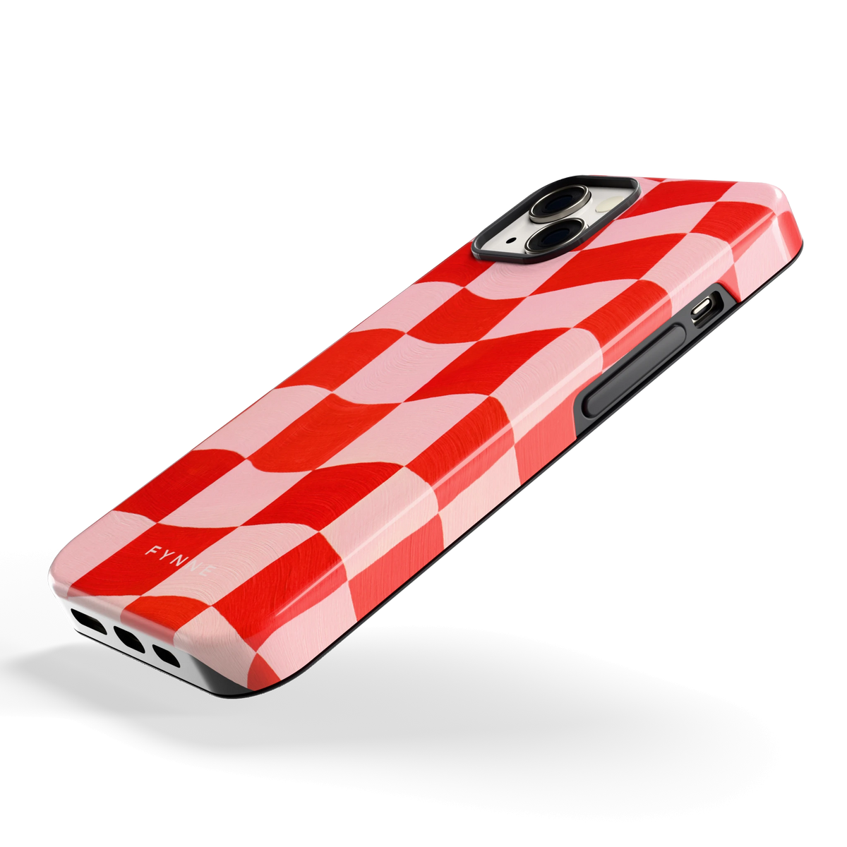 Golvende rode ruit hoesje voor iPhone 13, schuin
