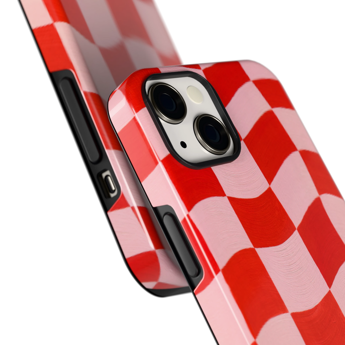 Golvende rode ruit hoesje voor iPhone 13, close-up