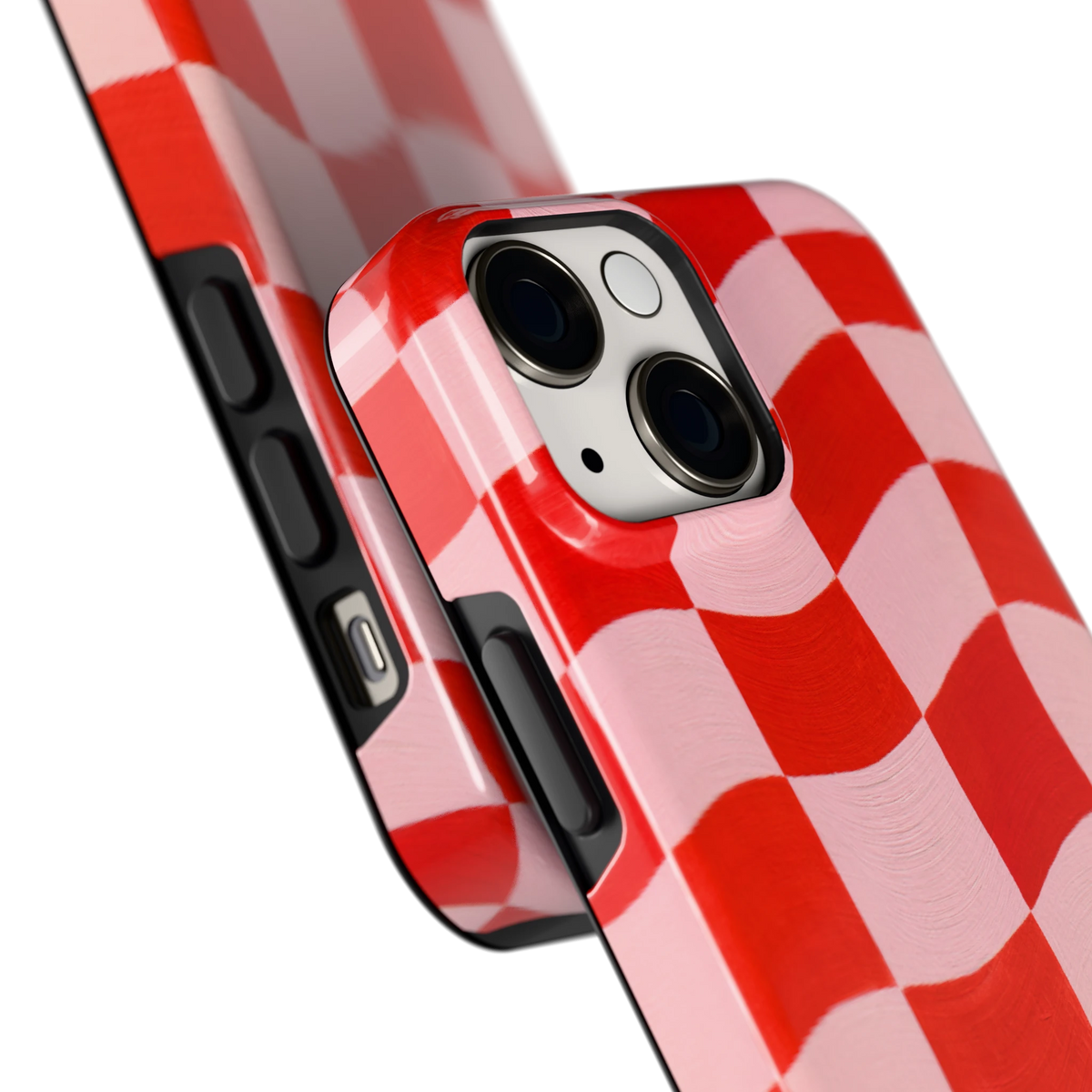Golvende rode ruit hoesje voor iPhone 13 mini, close-up