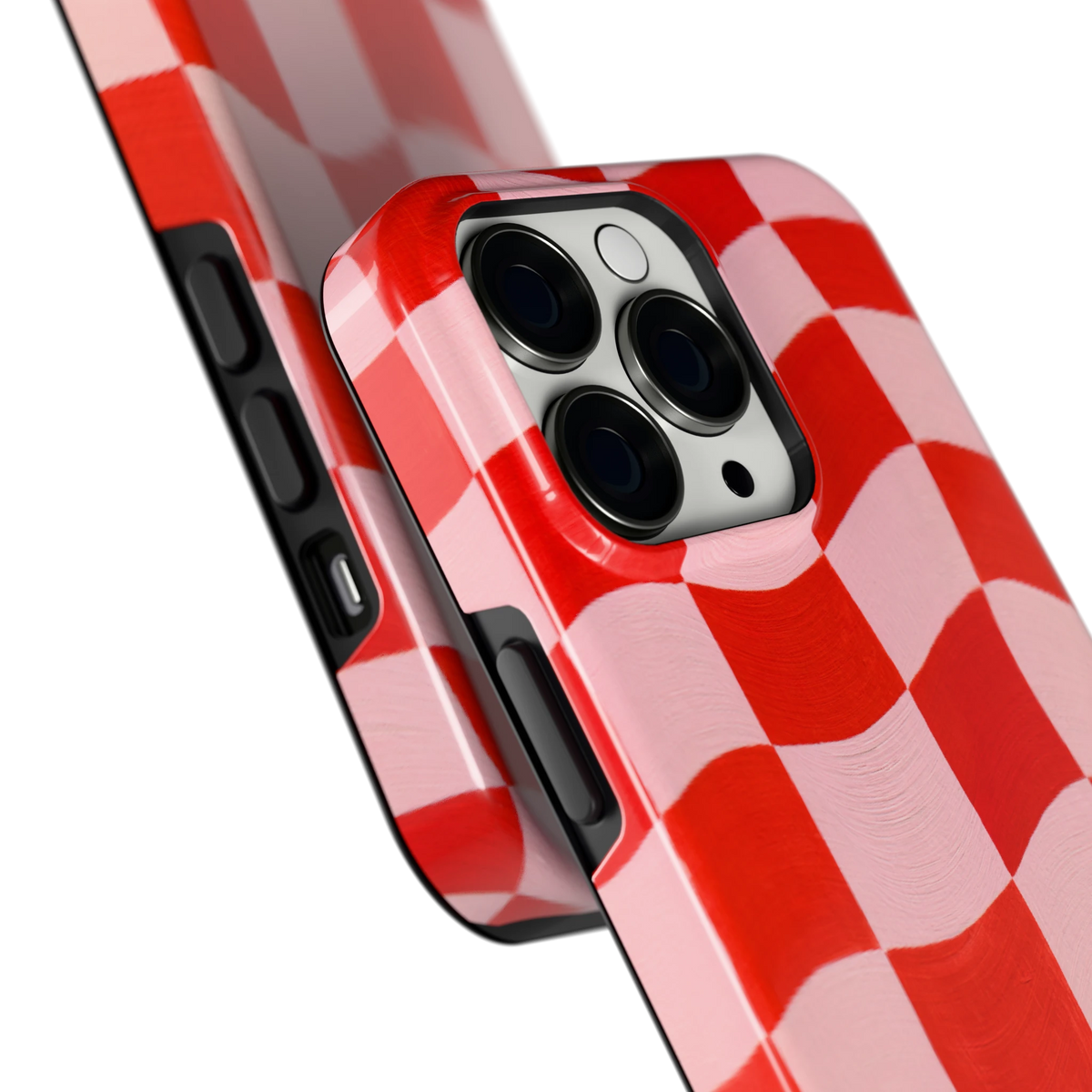 Golvende rode ruit hoesje voor iPhone 13 Pro, close-up