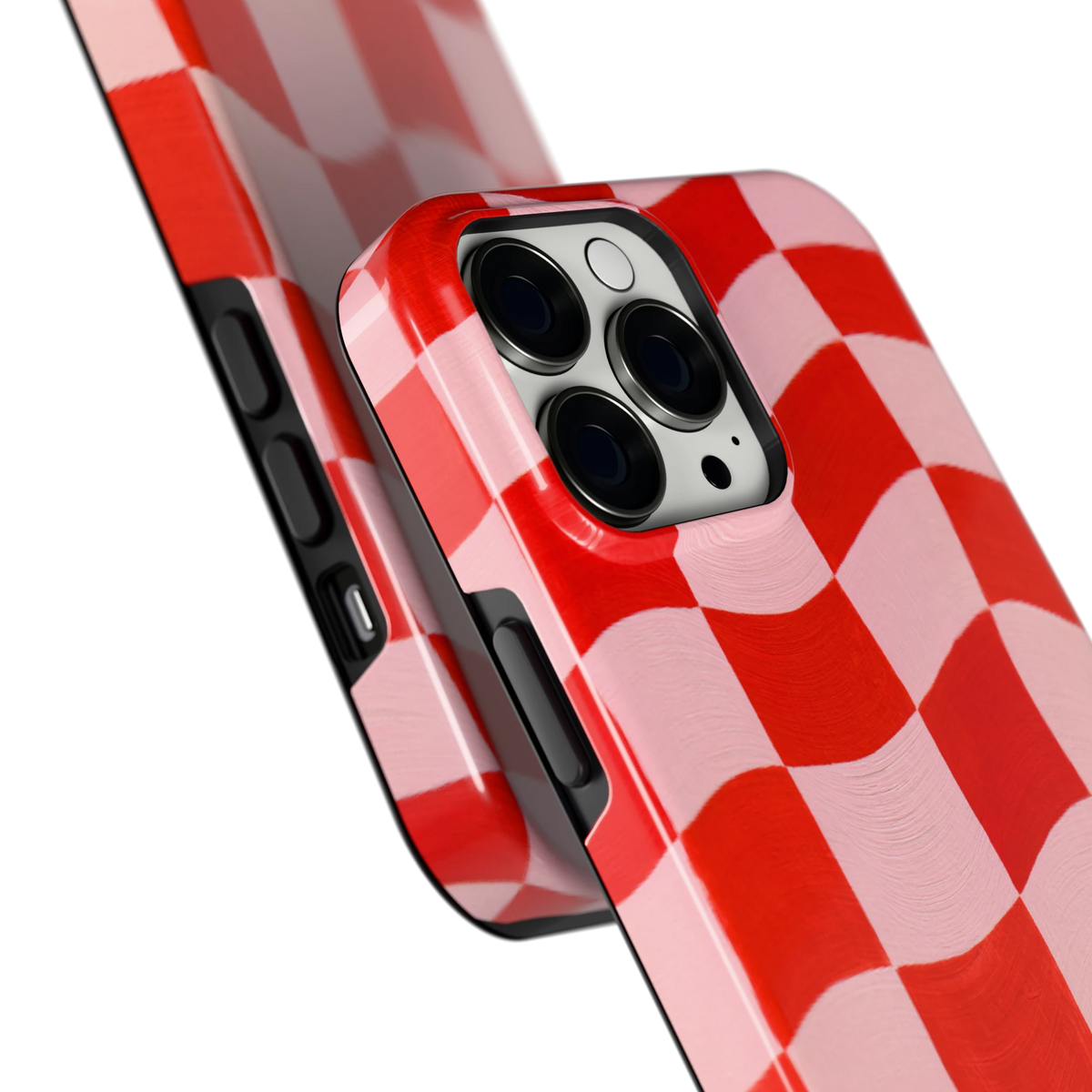 Golvende rode ruit hoesje voor iPhone 13 Pro Max, close-up