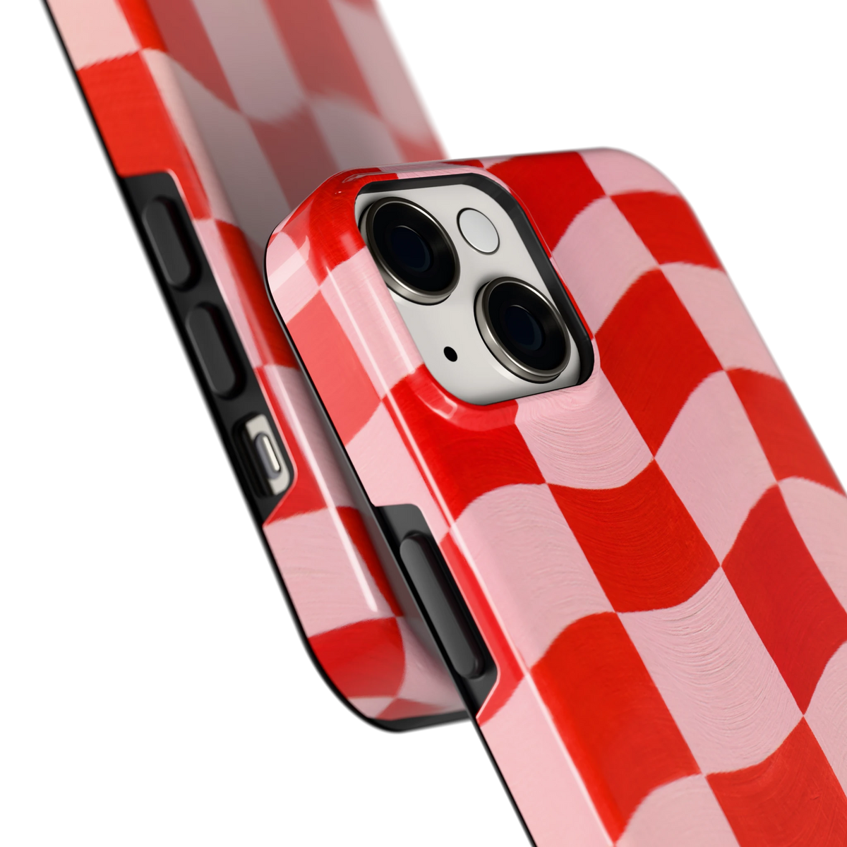 Golvende rode ruit hoesje voor iPhone 14, close-up