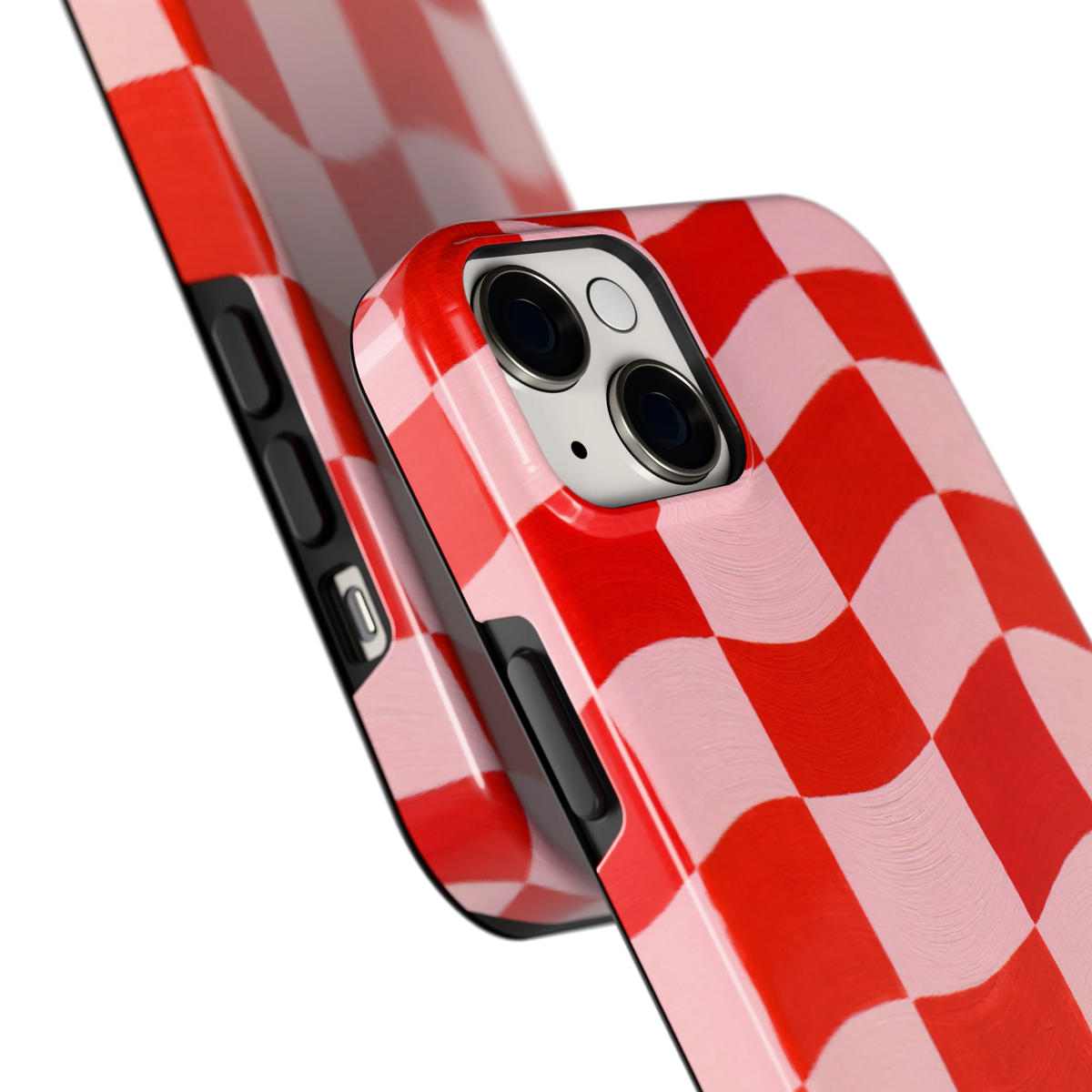 Golvende rode ruit hoesje voor iPhone 14 Plus, close-up