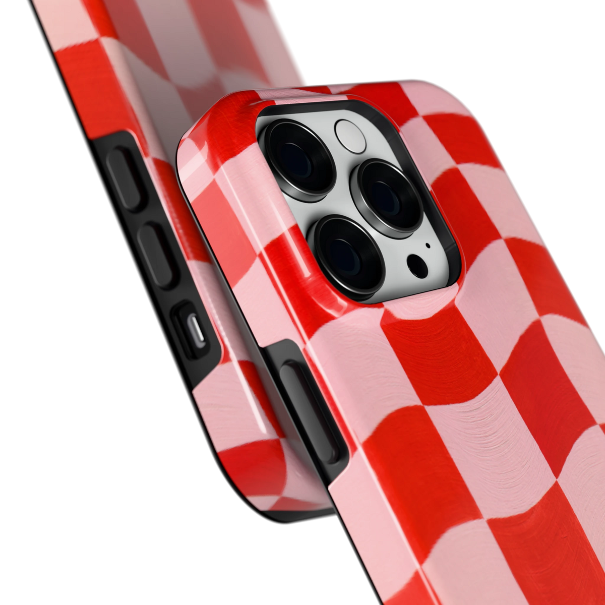 Golvende rode ruit hoesje voor iPhone 14 Pro, close-up