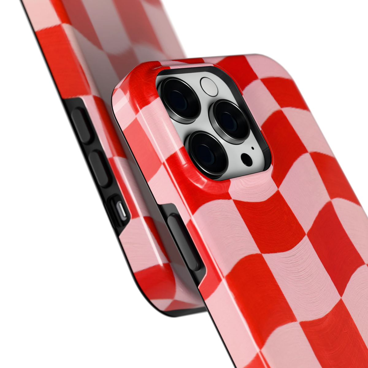 Golvende rode ruit hoesje voor iPhone 14 Pro Max, close-up
