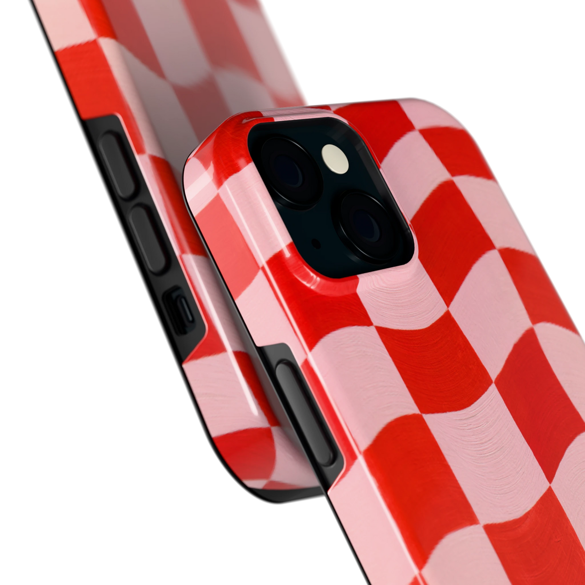 Golvende rode ruit hoesje voor iPhone 15, close-up