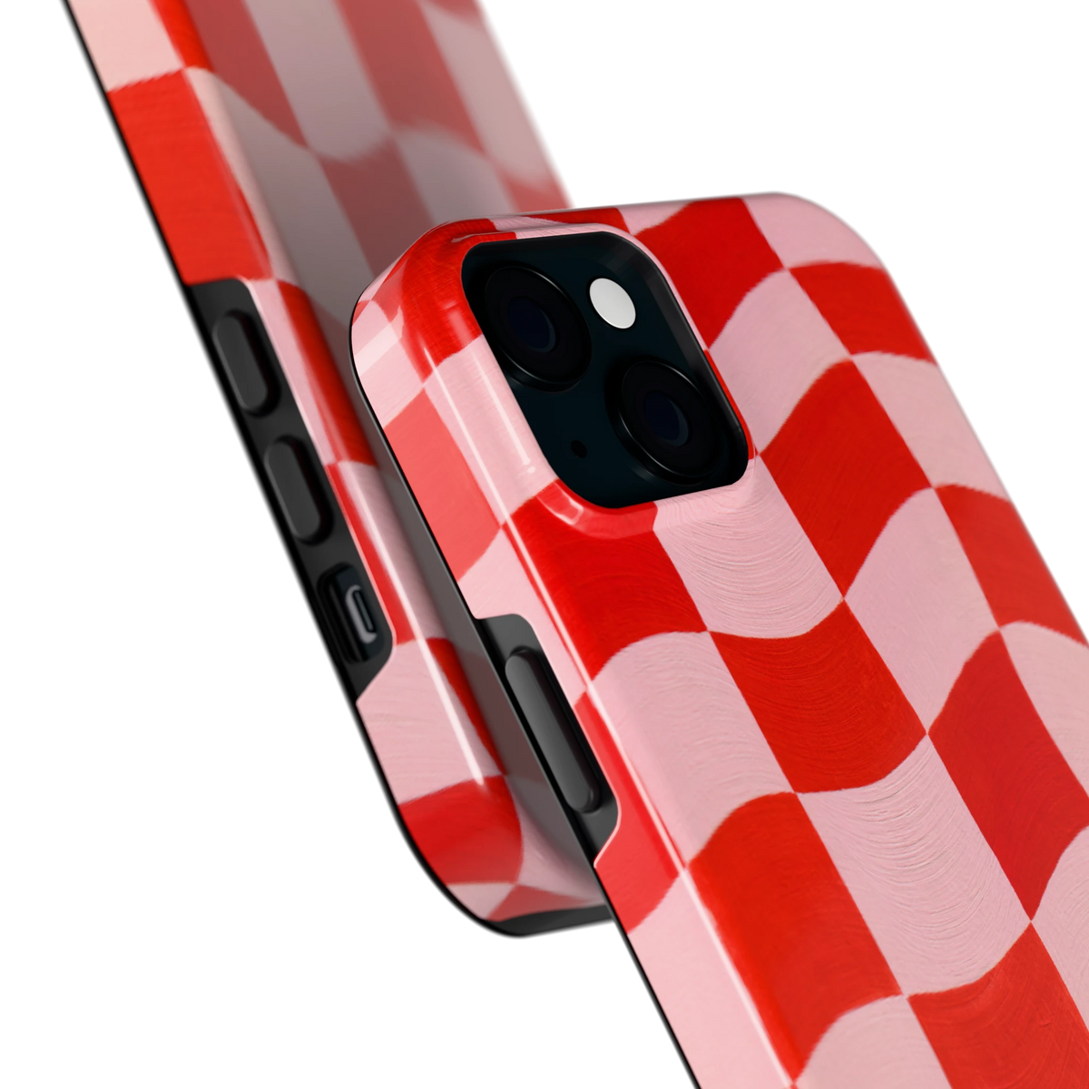 Golvende rode ruit hoesje voor iPhone 15 Plus, close-up