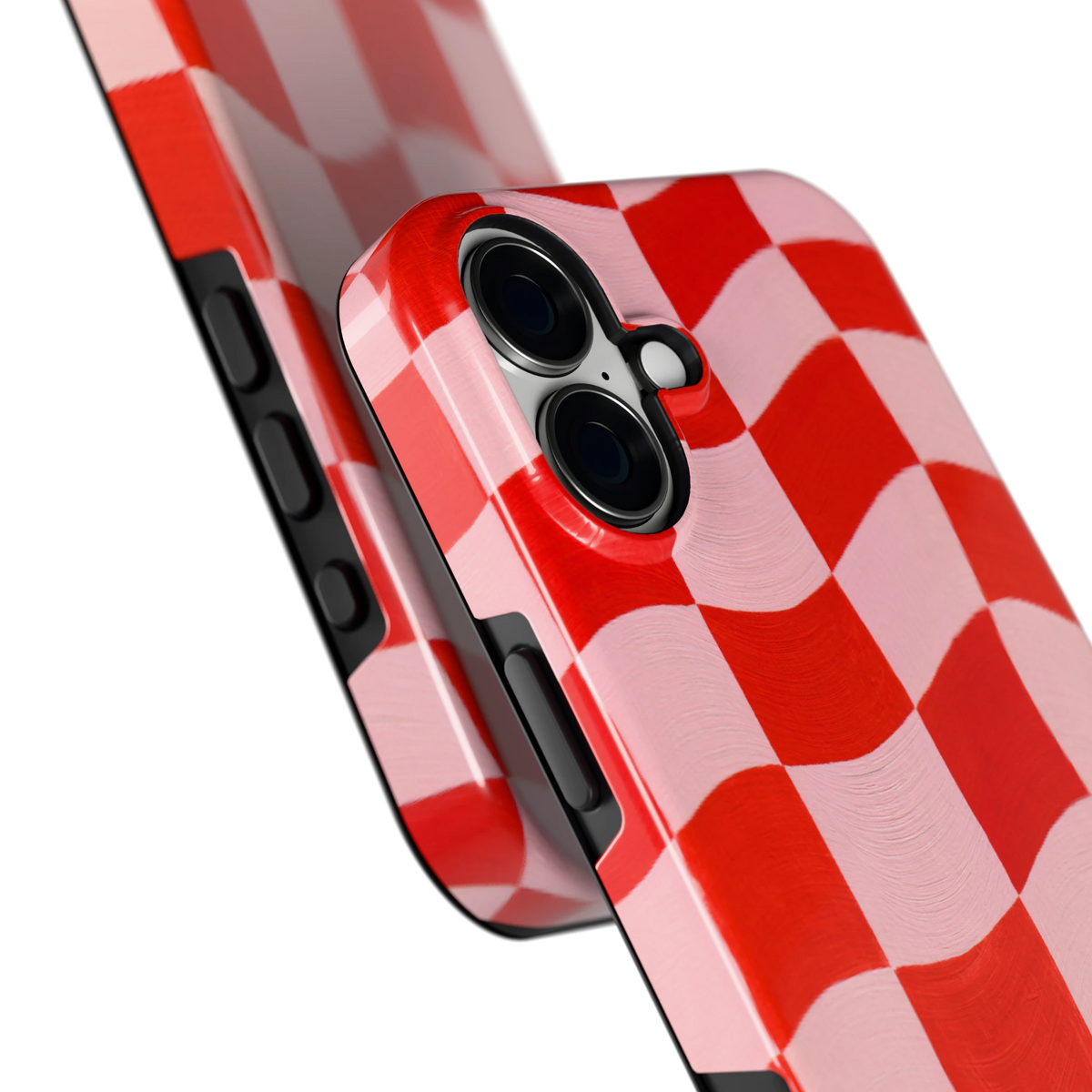 Golvende rode ruit hoesje voor iPhone 16 Plus, close-up