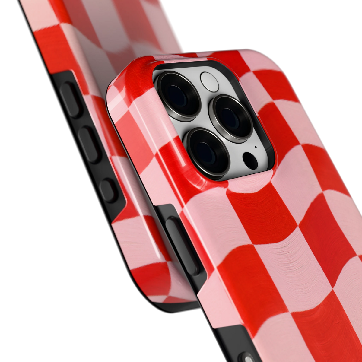 Golvende rode ruit hoesje voor iPhone 16 Pro, close-up