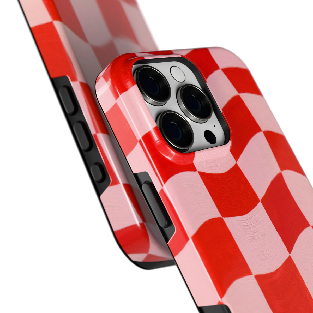 Golvende rode ruit hoesje voor iPhone 16 Pro Max, close-up