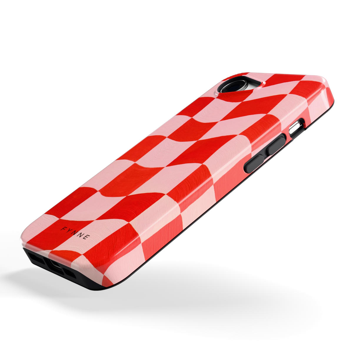 Golvende rode ruit hoesje voor iPhone 16e, schuin