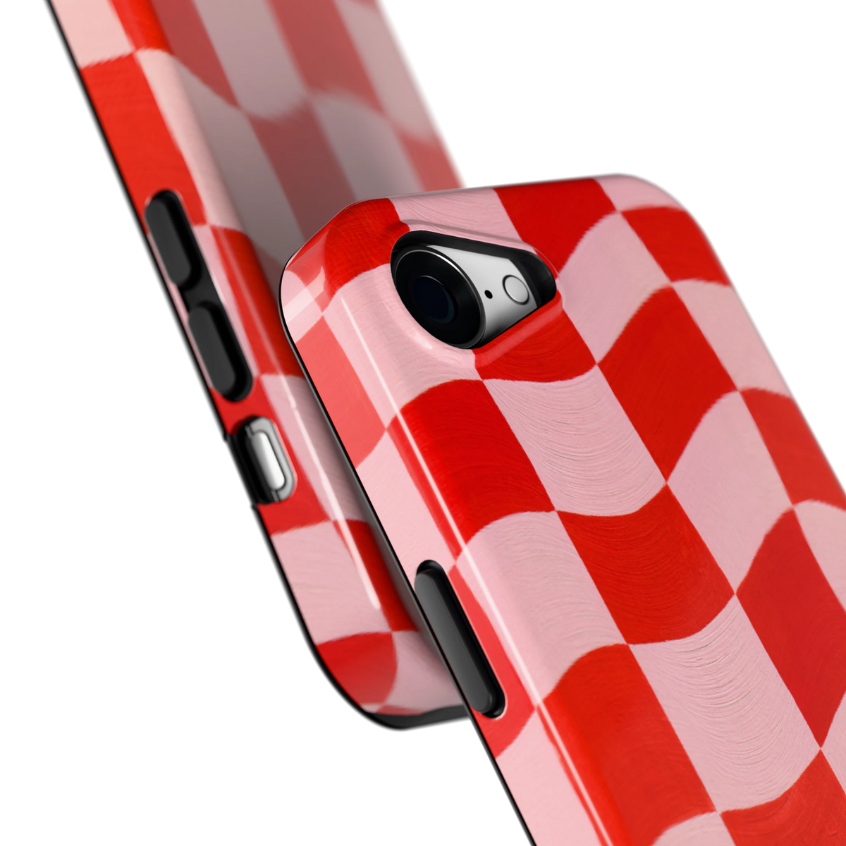Golvende rode ruit hoesje voor iPhone 16e, close-up