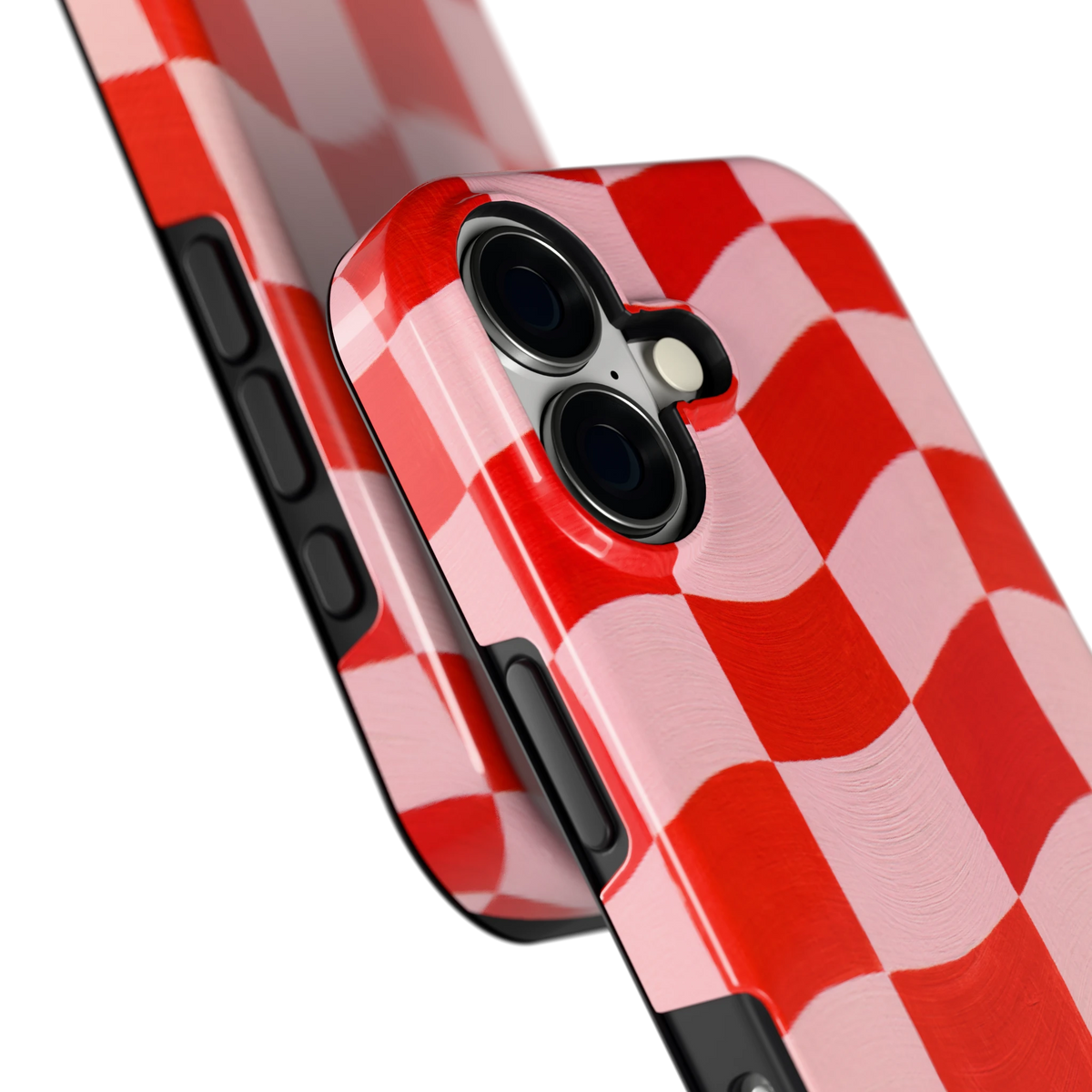 Golvende rode ruit hoesje voor iPhone 17, close-up