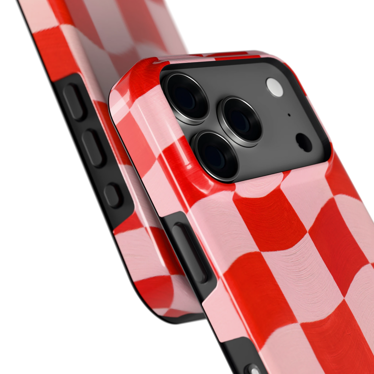 Golvende rode ruit hoesje voor iPhone 18 Pro, close-up