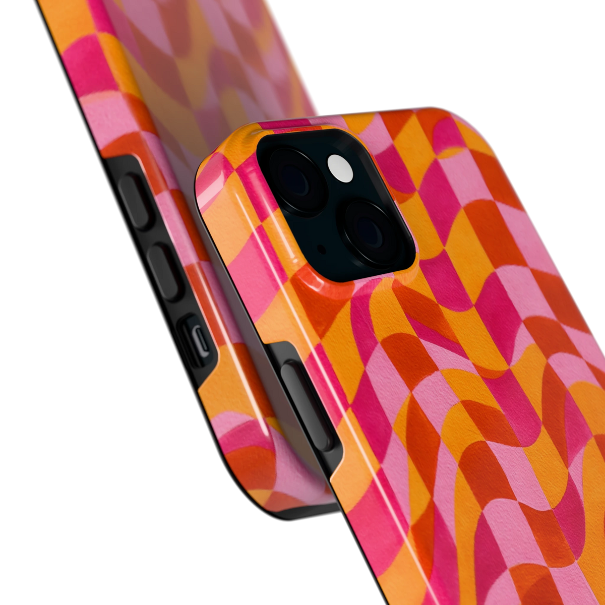 Golvende Blokken hoesje voor iPhone 15 Plus, close-up