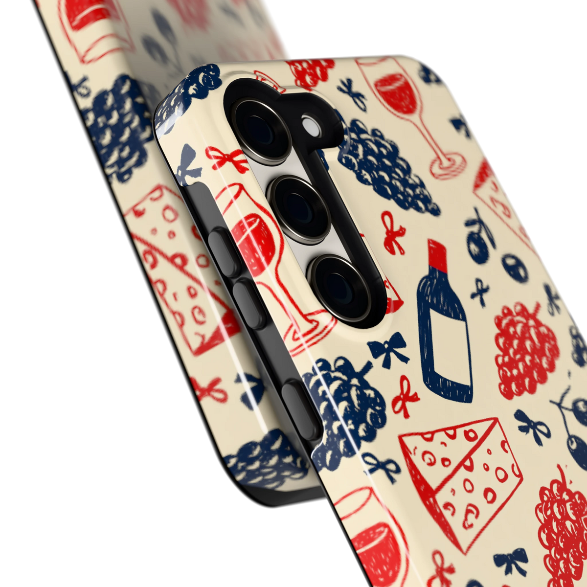 Wijn en Kaas Doodles hoesje voor Galaxy S23, close-up