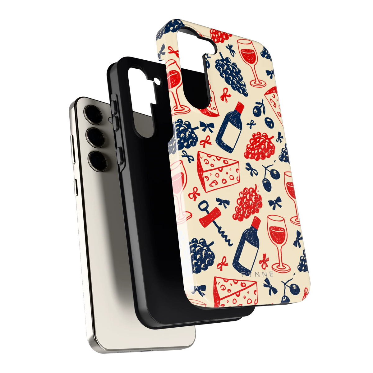 Wijn en Kaas Doodles hoesje voor Galaxy S23+, los van de telefoon