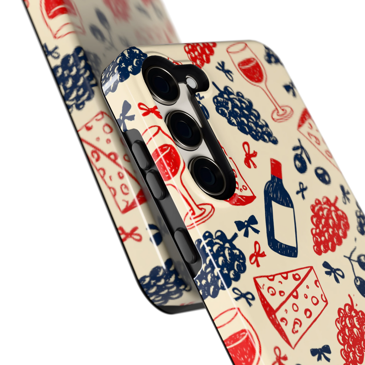Wijn en Kaas Doodles hoesje voor Galaxy S23+, close-up