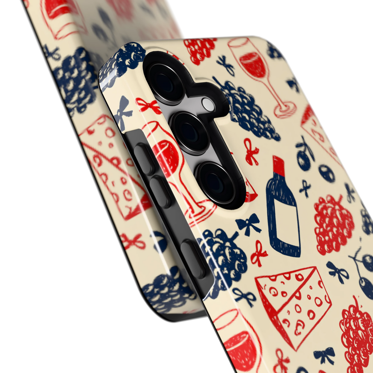 Wijn en Kaas Doodles hoesje voor Galaxy S24, close-up