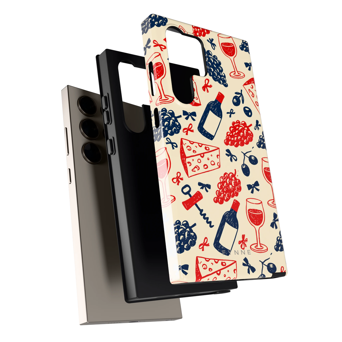 Wijn en Kaas Doodles hoesje voor Galaxy S24 Ultra, los van de telefoon