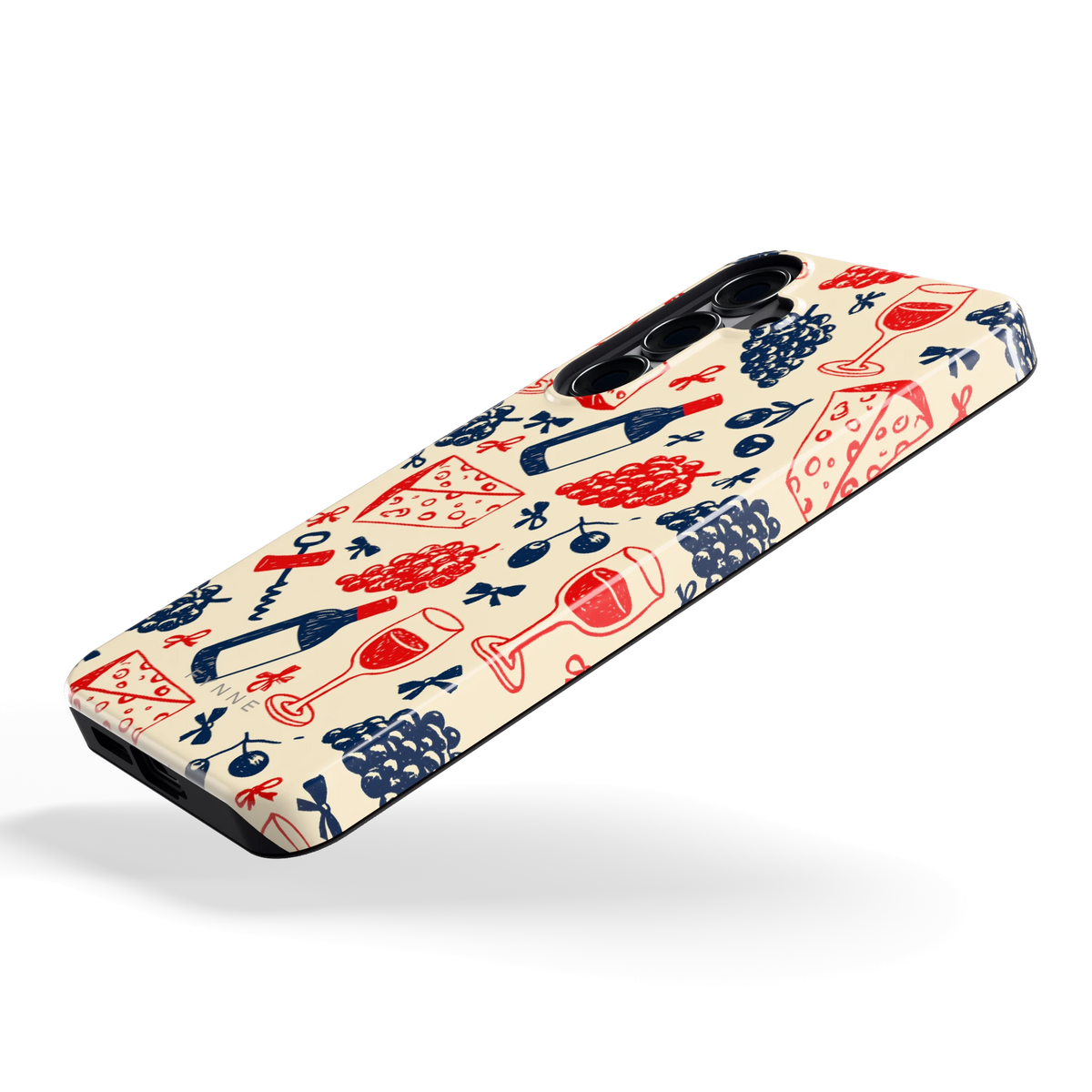 Wijn en Kaas Doodles hoesje voor Galaxy S25+, schuin