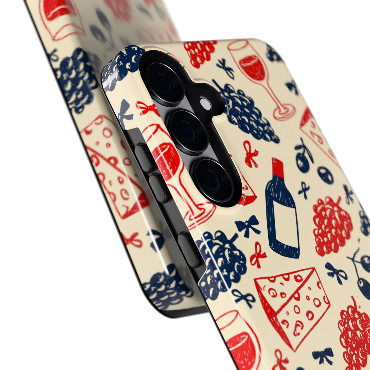 Wijn en Kaas Doodles hoesje voor Galaxy S25+, close-up