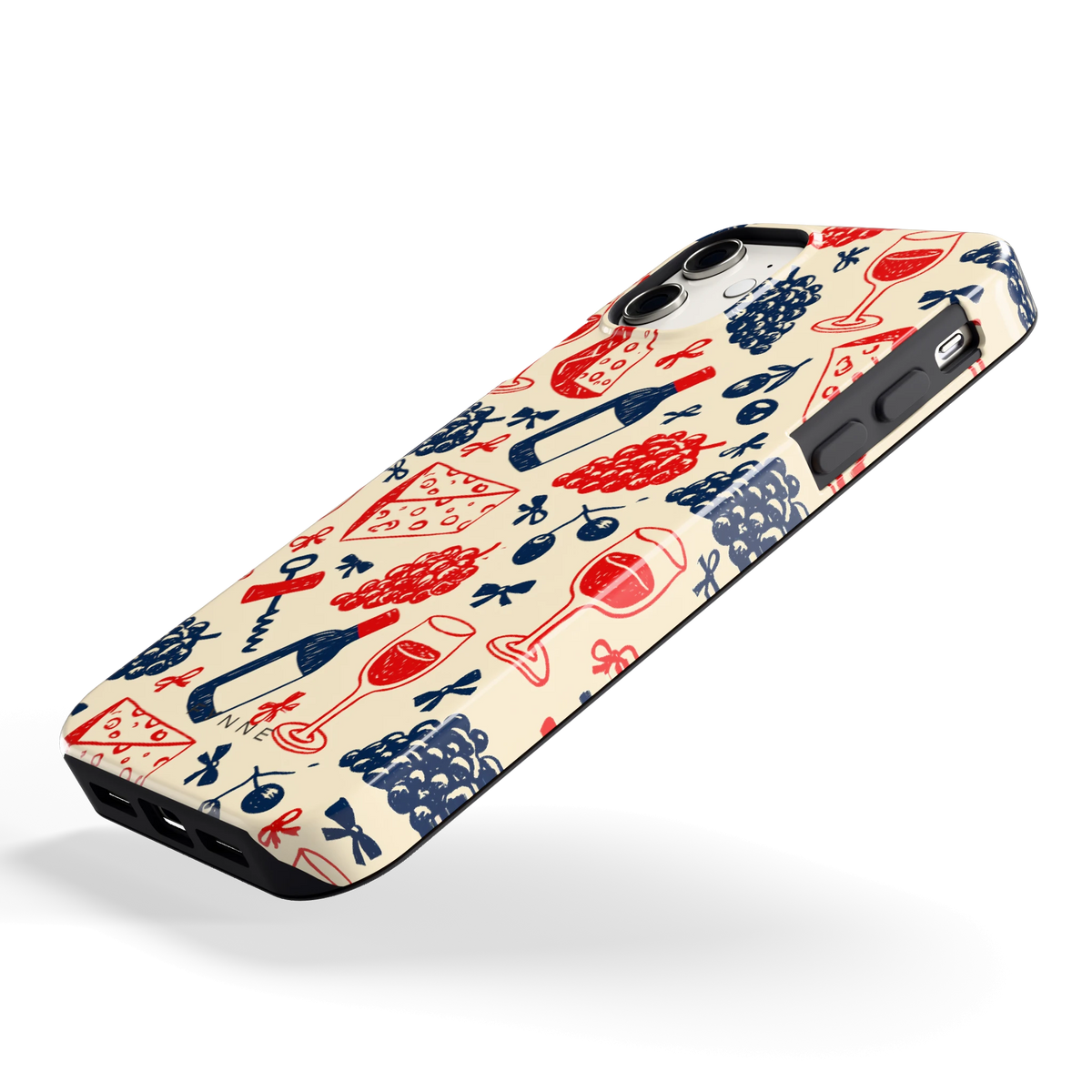 Wijn en Kaas Doodles hoesje voor iPhone 11, schuin