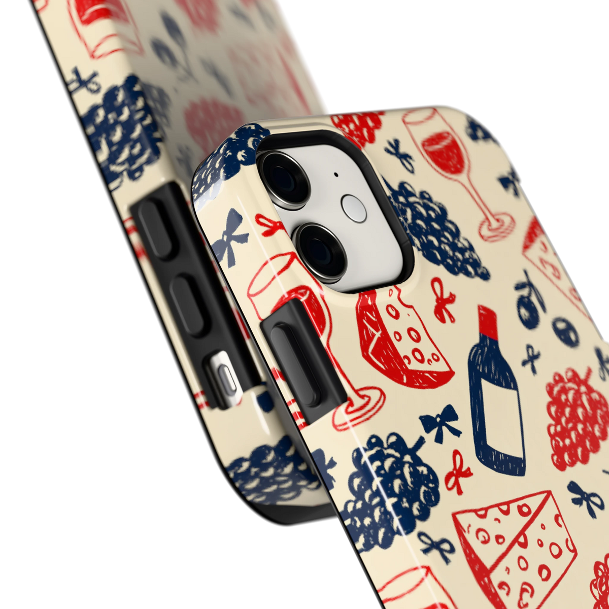 Wijn en Kaas Doodles hoesje voor iPhone 11, close-up