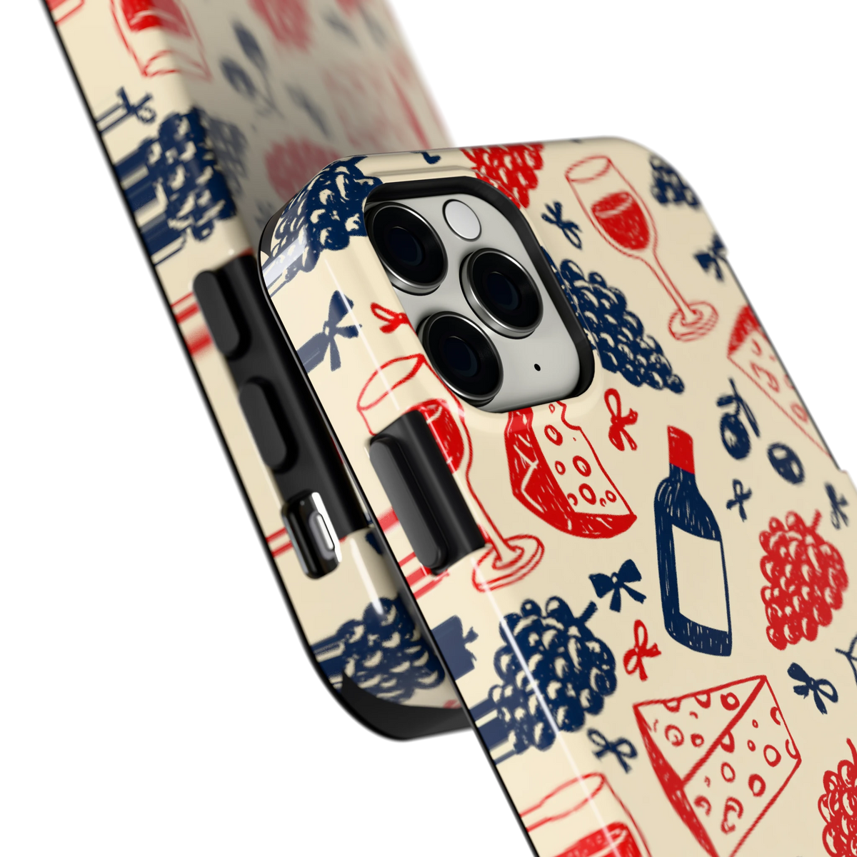 Wijn en Kaas Doodles hoesje voor iPhone 11 Pro, close-up