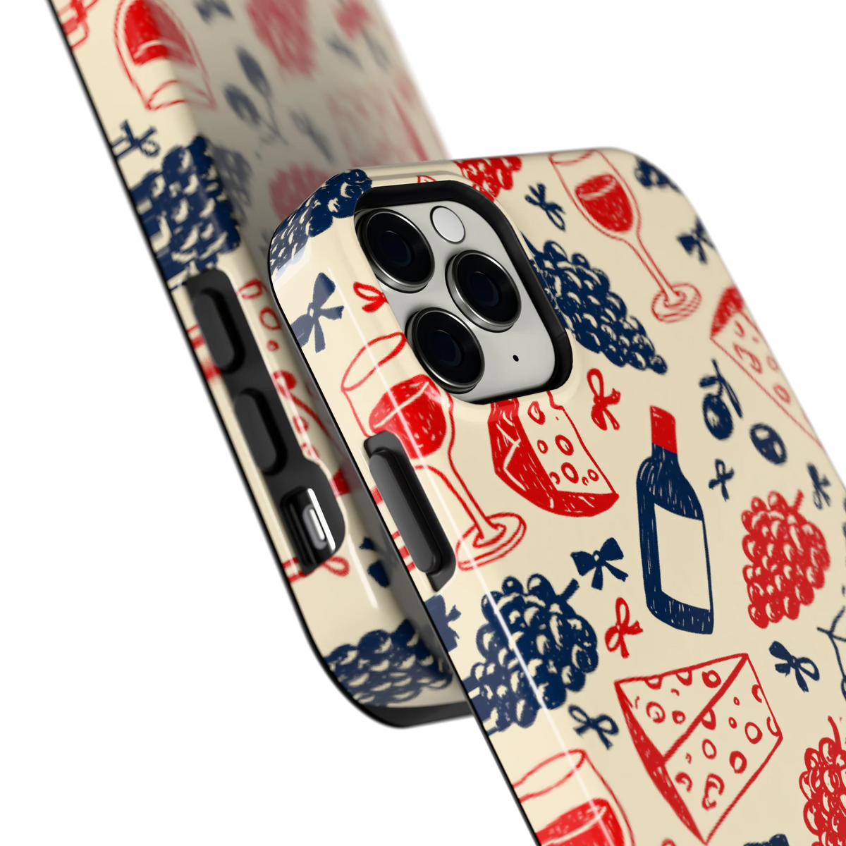 Wijn en Kaas Doodles hoesje voor iPhone 11 Pro Max, close-up