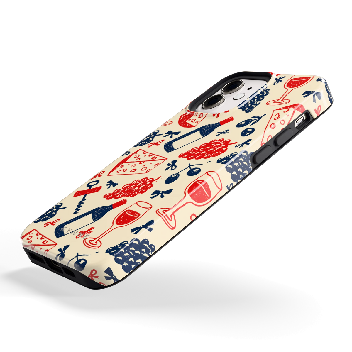 Wijn en Kaas Doodles hoesje voor iPhone 12, schuin
