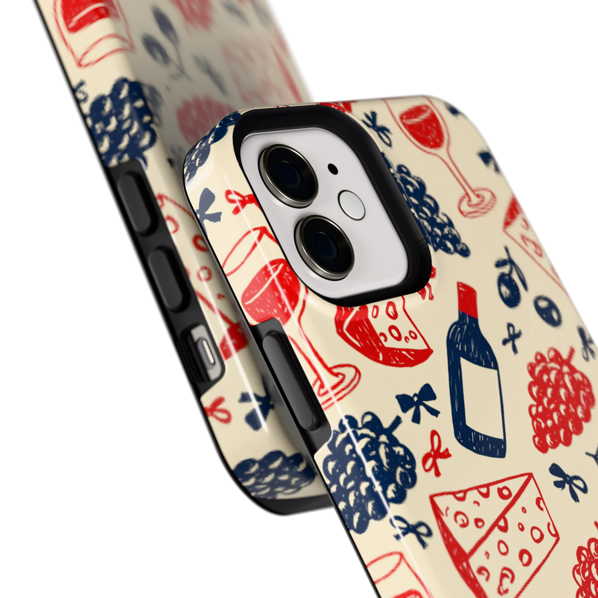 Wijn en Kaas Doodles hoesje voor iPhone 12, close-up