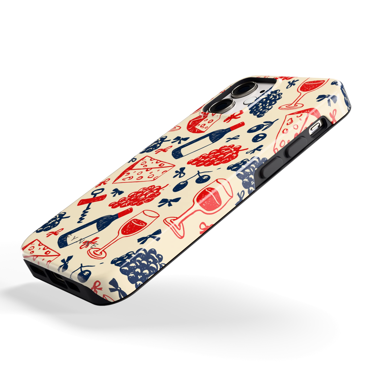 Wijn en Kaas Doodles hoesje voor iPhone 12 mini, schuin