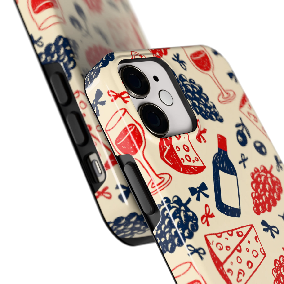 Wijn en Kaas Doodles hoesje voor iPhone 12 mini, close-up