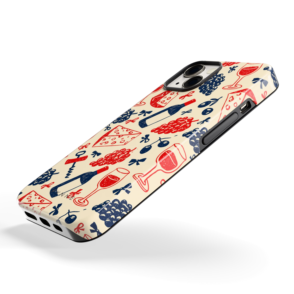 Wijn en Kaas Doodles hoesje voor iPhone 13, schuin